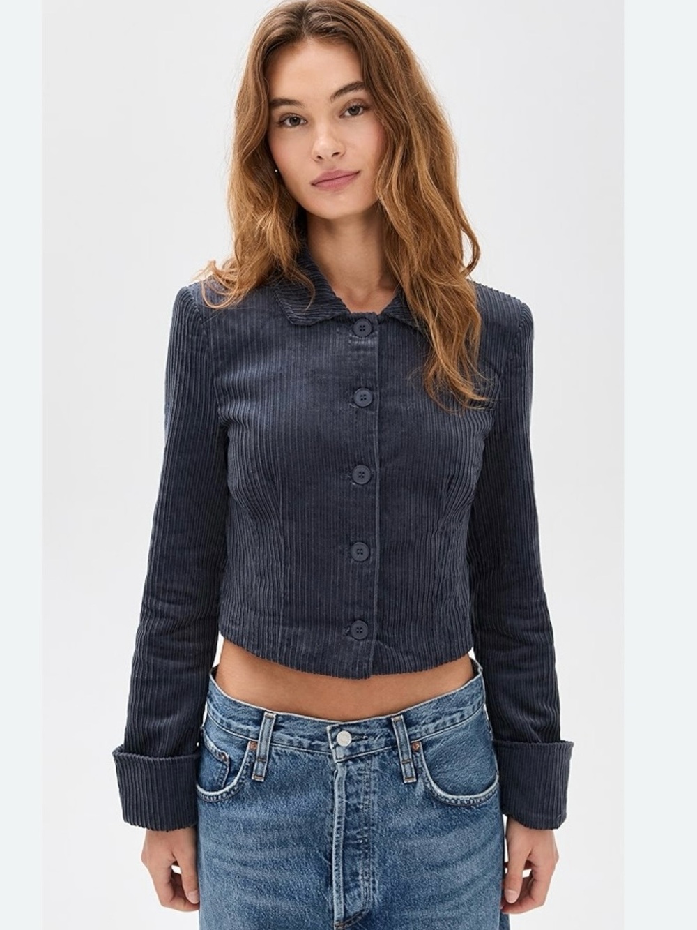 Lioness Balmy Jacket in Slate Blue Cropped Corduroy Button-Up Jacket Small